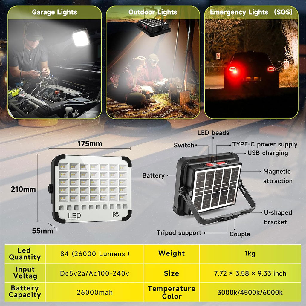 Lampe Solaire Rechargeable LED 300 W Portable et Magnétique 26000LM – مصباح محمول قابل للشحن بالطاقة الشمسية